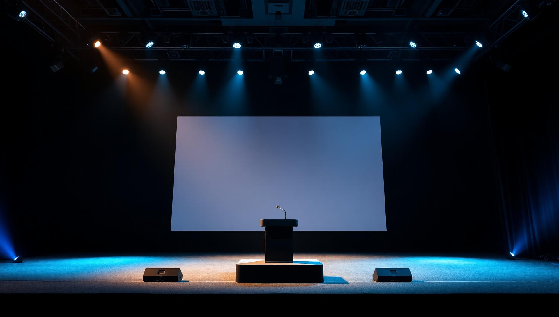 Empty corporate conference stage with line array speakers and a podium microphone before a keynote